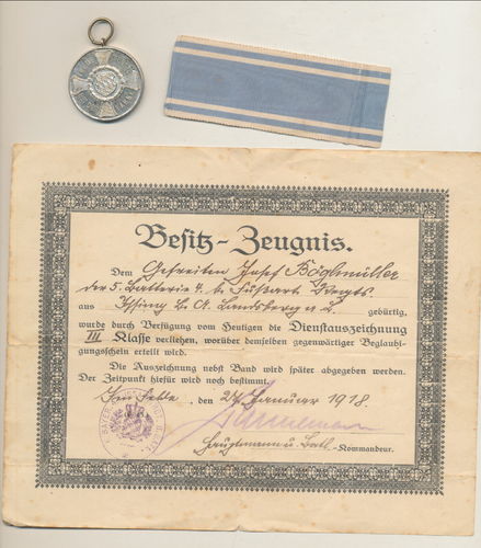 Bayern Urkunde und Medaille Dienstauszeichnung III.Klasse Böglmüller 1918