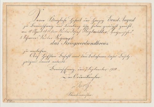 Braunschweig Urkunde zum Kriegsverdienstkreuz 1918 für Reiter Böglmüller schweres Reiter Rgt. 1