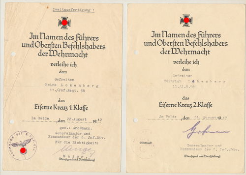 Infanterie Rgt. 58 Urkunden Lokenberg Heinrich EK2 und EK1 mit Original Unterschriften General 6. ID