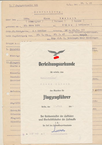 Luftwaffe Verleihungs Urkunde Flugzeugführer Abzeichen mit Beurteilung des 7./ Jagdgeschwader 101