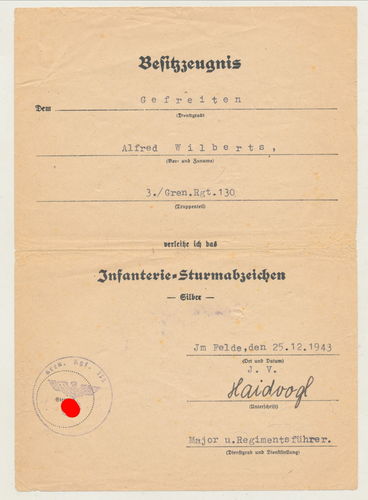 Grenadier Rgt 130 Urkunde zum Infanterie Sturmabzeichen 1943