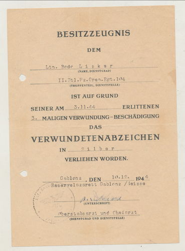 Urkunde zum Verwundetenabzeichen Silber Leutnant Lisker Panzergrenadier Rgt 104 Gablonz 1944