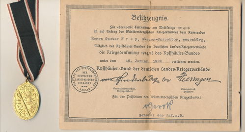 Kyffhäuser Kriegsdenkmünze 1914/18 mit Urkunde Frey Neuenbürg 1922