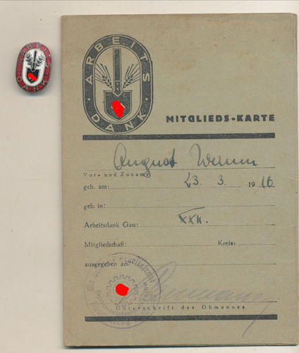 Arbeitsdank RAD Mitglieds Ausweis und Mitglieds Abzeichen 3. Reich