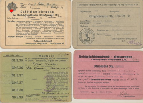 RLB Reichsluftschutzbund 4 Ausweise Richard Seiler Landesgruppe Gross - Berlin 1933-1938