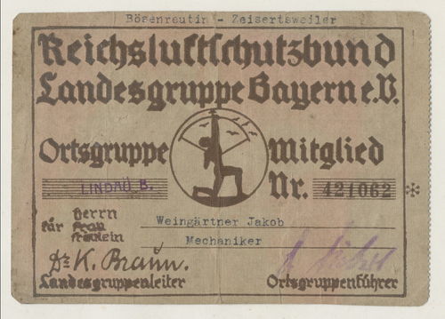RLB Reichsluftschutzbund Ausweis Jakob Weingärtner Landesgruppe Bayern Lindau 1934-39 Beitragsmarken