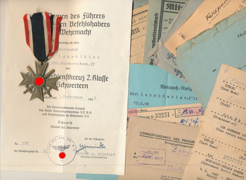 Urkunde & KVK Kriegsverdienstkreuz 2. Kl. LKW Fahrbereitschaft II. mit Papieren Dokumenten