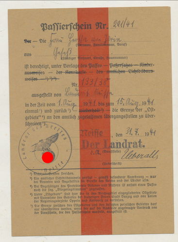 Passierschein " Adel " für Grenze Ostgebiete Adelige Hertha von Jerin 1941 Gebiet Neisse Gut Gesess