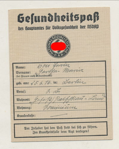 NSDAP Gesundheitspass Ausweis Adel Adelige Hertha von Jerin Gebiet Neisse Gut Gesess 3. Reich
