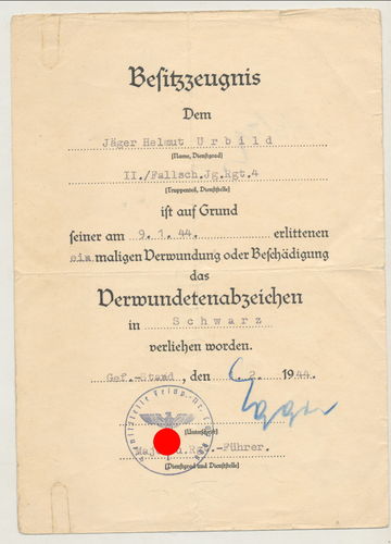 Urkunde Fallschirmjäger Rgt 4 zum Verwundetenabzeichen Schwarz 1944 Italien Ortona Cassino OU Egger