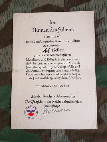 Urkunde Reichsbahn Eisenbahn Beförderung Reserve - Lokführer Josef Keller München 1943