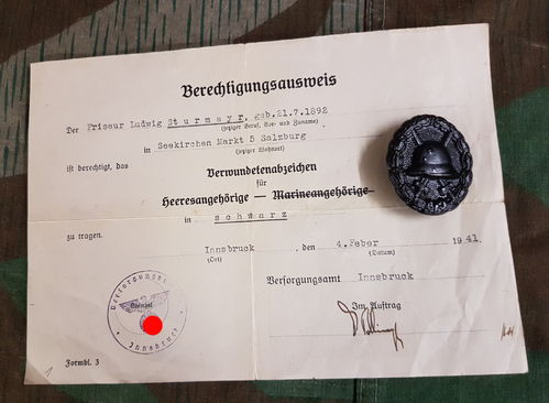 Urkunde & Verwundetenabzeichen Schwarz Ludwig Sturmayr Salzburg Innsbruck ausgestellt 1941
