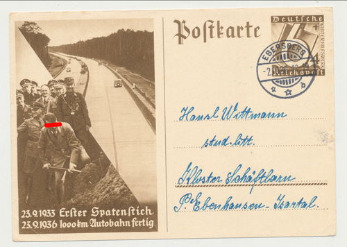 Erster Spatenstich Adolf Hitler 1000 km Autobahn Original Postkarte 3. Reich 1936