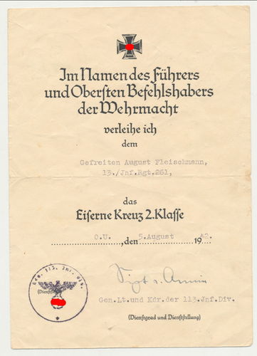 Urkunde zum Eisernen Kreuz 2. Kl 1939 Inf Rgt 261 Original Unterschrift General 113. Inf Division