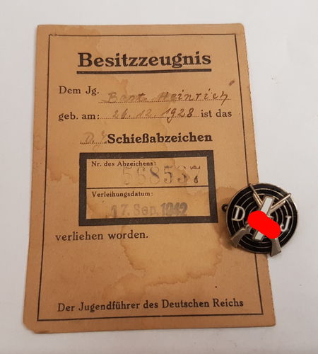 Besitzzeugnis mit DJ Schiessabzeichen Deutsche Jugend Hitlerjugend