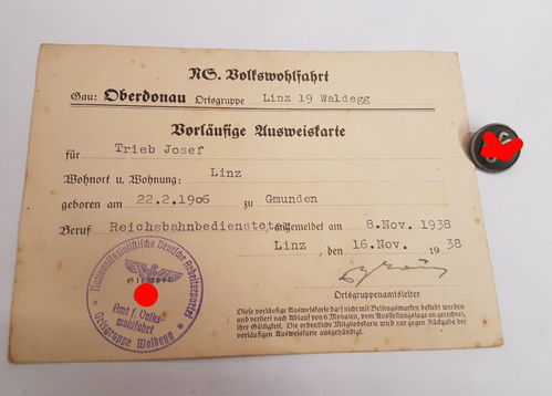Nationalsozialistische Volkswohlfahrt NSV Mitgliedsabzeichen & Ausweis Linz Waldegg