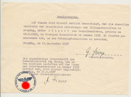 Bescheinigung zum Erwerb des TOTENKOPF - Abzeichens im Schwimm-Wettbewerb 1933 / 1937