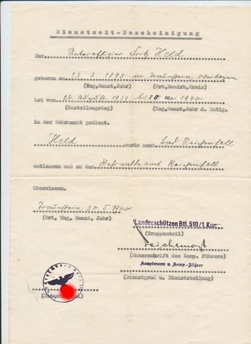 Dienstzeit Bescheinigung Uffz Bad Reichenhall 1940 LDS Batl 510 Kriegsgefangenen Bewachung