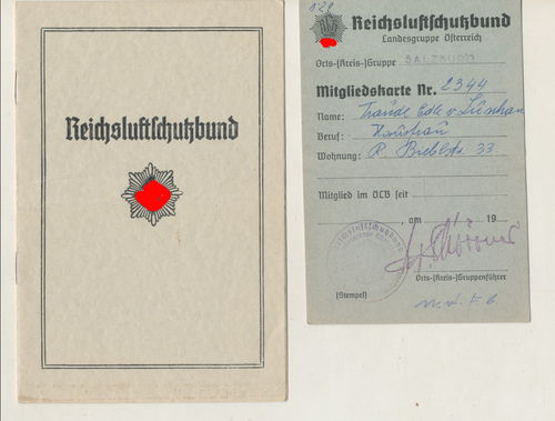 RLB Reichsluftschutzbund 2 Ausweise Frau Traudl Edle VON LUSCHAU Beitragsmarken Salzburg Österreich