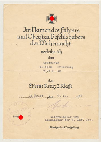 Urkunde zum EK2 Eisernes Kreuz 1939 Infanterie Rgt. 18 Original Unterschrift Generalmajor Grossmann