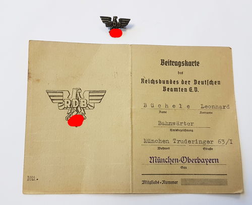 RDB Reichsbund deutscher Beamter München Oberbayern Ausweis & Mitglieds Abzeichen 3. Reich