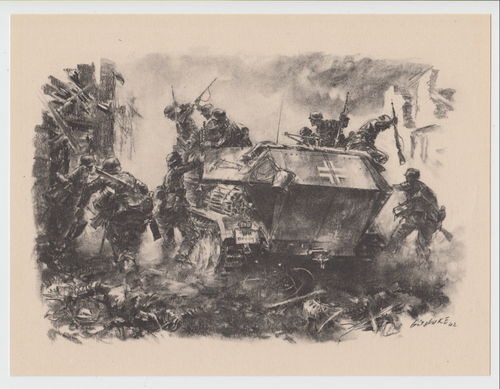 GROSSES Wehrmacht Bild Motiv Schützen Panzer abgesessen zum Ortskampf