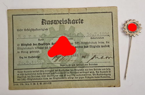 DAF Mitgliedskarte & Mitgliedsabzeichen Deutsche Arbeitsfront 3. Reich