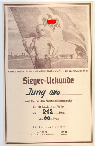 Sieger Urkunde Reichsbund für Leibesübungen Sport Kegel Wettkämpfe Memmingen 1937