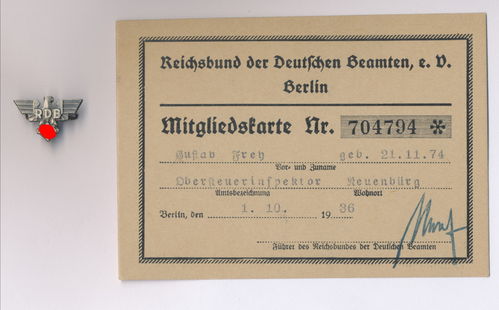 Ausweis und Mitglieds Abzeichen RDB Reichsbund der deutschen Beamten