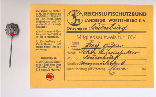 RLB Reichsluftschutzbund Mitglieds Abzeichen & Ausweis