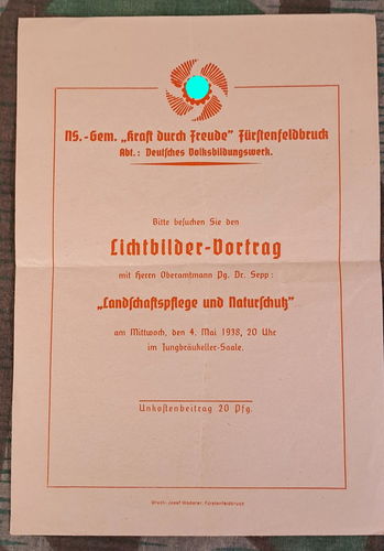 Kleines Flugblatt DAF NS Gem. Karft durch Freude Fürstenfeldbruck FFB 1938