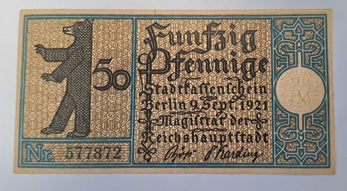 Banknote Kassenschein Stadt Sparkassenschein 50 Pfennige Berlin 1921