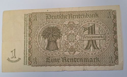 Banknote eine Rentenmark deutsche Rentenbank 3. Reich von 1937