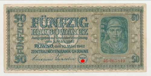Zentral Notenbank Ukraine Banknote Fünfzig Karbowanez Rowno 1942 mit 3. Reich Hoheitsadler