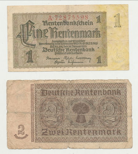 Renten - Bankscheine 2 Banknoten 1 Rentenmark & 2 Rentenmark von 1937
