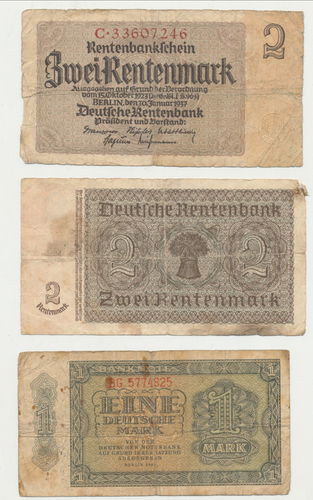 Renten - Bankscheine 3 Banknoten 2x Rentenmark von 1937 & Eine Deutsche Mark von 1948