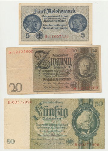 3 Banknoten Reichsbanknoten 5 / 20 / 50 Reichsmark um 1929 - 1933