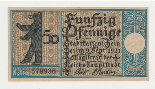 Banknote Kassenschein Stadt Sparkassenschein 50 Pfennige Berlin Pankow 1921
