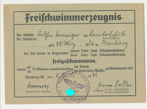 Sport Freischwimmer Zeugnis Nienburg 1939