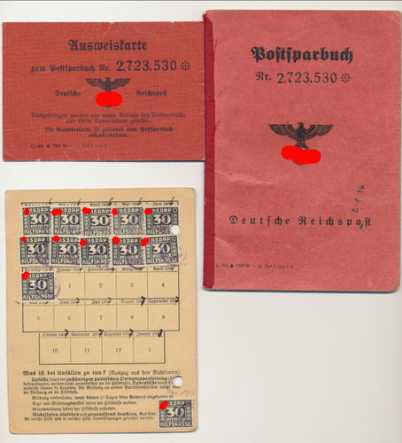 Deutsche Reichspost Postsparbuch Sparbuch 3. Reich & Quittungskarte der NSDAP mit Beitragsmarken