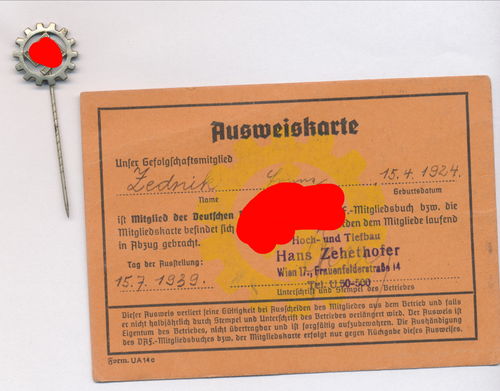 DAF Deutsche Arbeitsfront Ausweis & Mitglieds - Abzeichen Wien Österreich 3. Reich