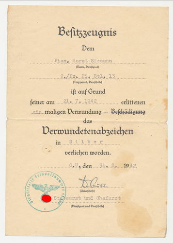 Urkunde 2./ Panzer Pionier Btl 13 zum Verwundetenabzeichen 1939 in Silber