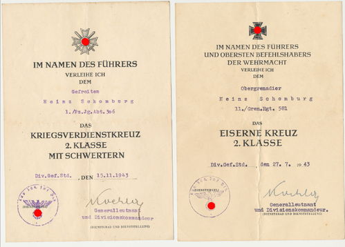 306 Infanterie Division Panzerjäger Abt 306 Urkunde zum KVK & Gren Rgt 581 EK2 Eisernes Kreuz 2. Kl