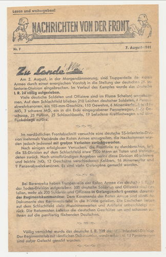 Russisches Sowjet Feind Propaganda Flugblatt Passierschein " Nachrichten von der Front " 1941