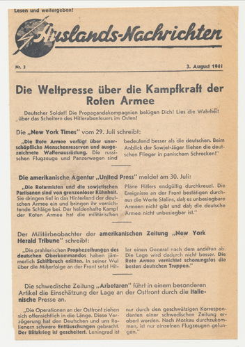 Russisches Sowjet Feind Propaganda Flugblatt Passierschein " Auslands Nachrichten " 1941
