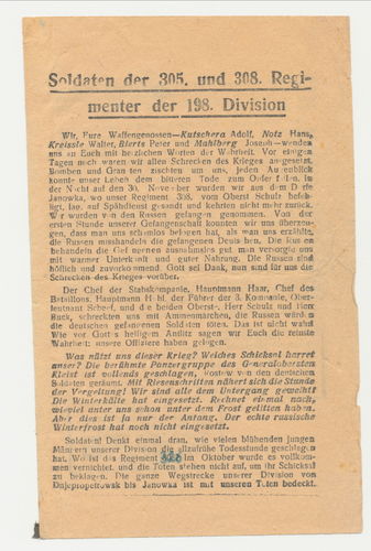 Russisches Sowjet Feind Propaganda Flugblatt Passierschein deutsche Soldaten der 198. Inf Division
