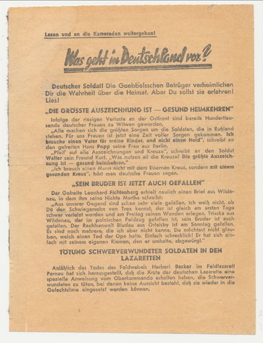 Russisches Sowjet Feind Propaganda Flugblatt Passierschein " Was geht in Deutschland vor ? "