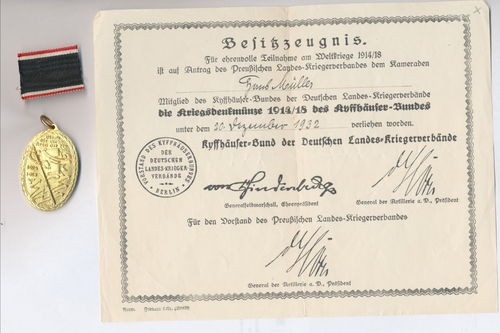 Kriegerbund Kyffhäuser Urkunde Hans Müller mit Abzeichen Kriegsdenkmünze 1914/18