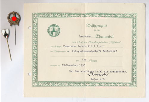 Urkunde Johann Müller und Bronzene Ehrennadel sowie Mitgliedsabzeichen Kyffhäuserbund Bitburg 1935
