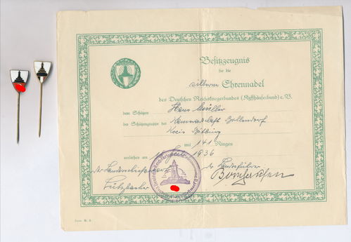 Urkunde Hans Müller der silbernen Ehrennadel mit 2x Mitgliedsabzeichen Kyffhäuserbund Bitburg 1936